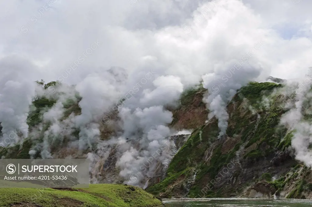 Steam emitted from geysers, Geyser River, Valley of Geysers, Kamchatka, Russia