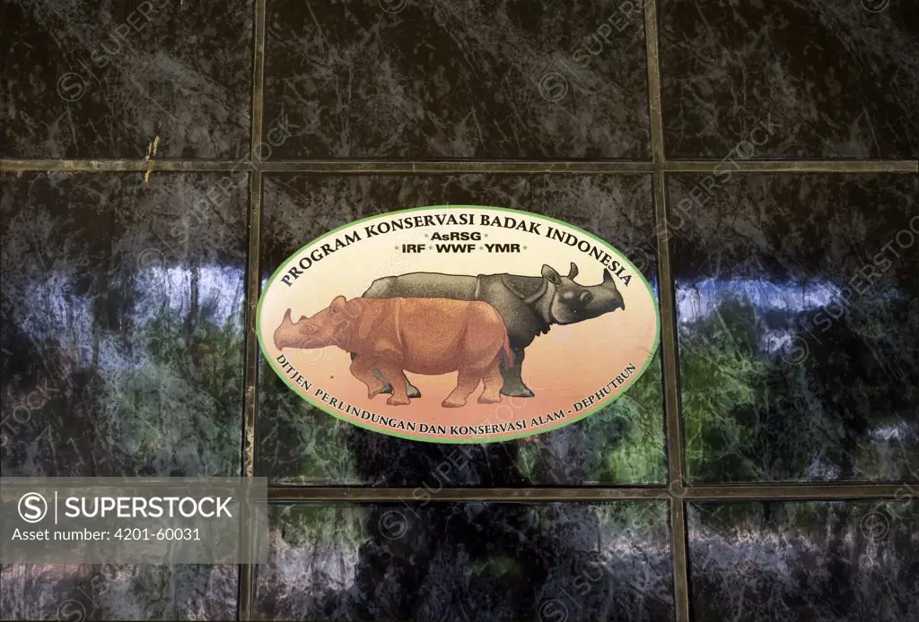 Sticker of the Indonesian Rhino Conservation Program at the Rhino Protection Unit headquarters, Way Kambas National Park, Sumatra, Indonesia