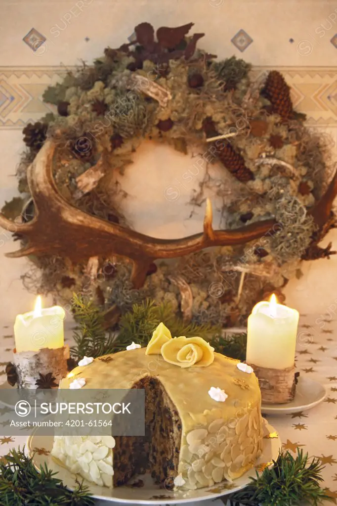 Marzipan cake with candles and wreath, Holland