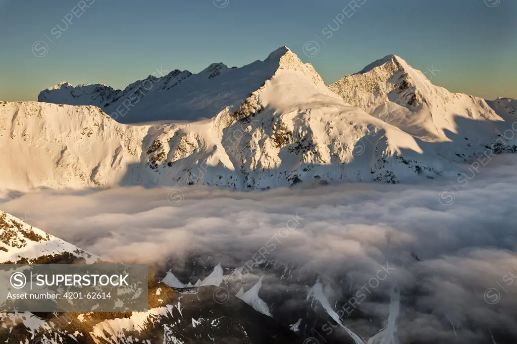 Mount Pollux and Mount Castor at dawn, Wilkin Valley, Mount Aspiring National Park, New Zealand