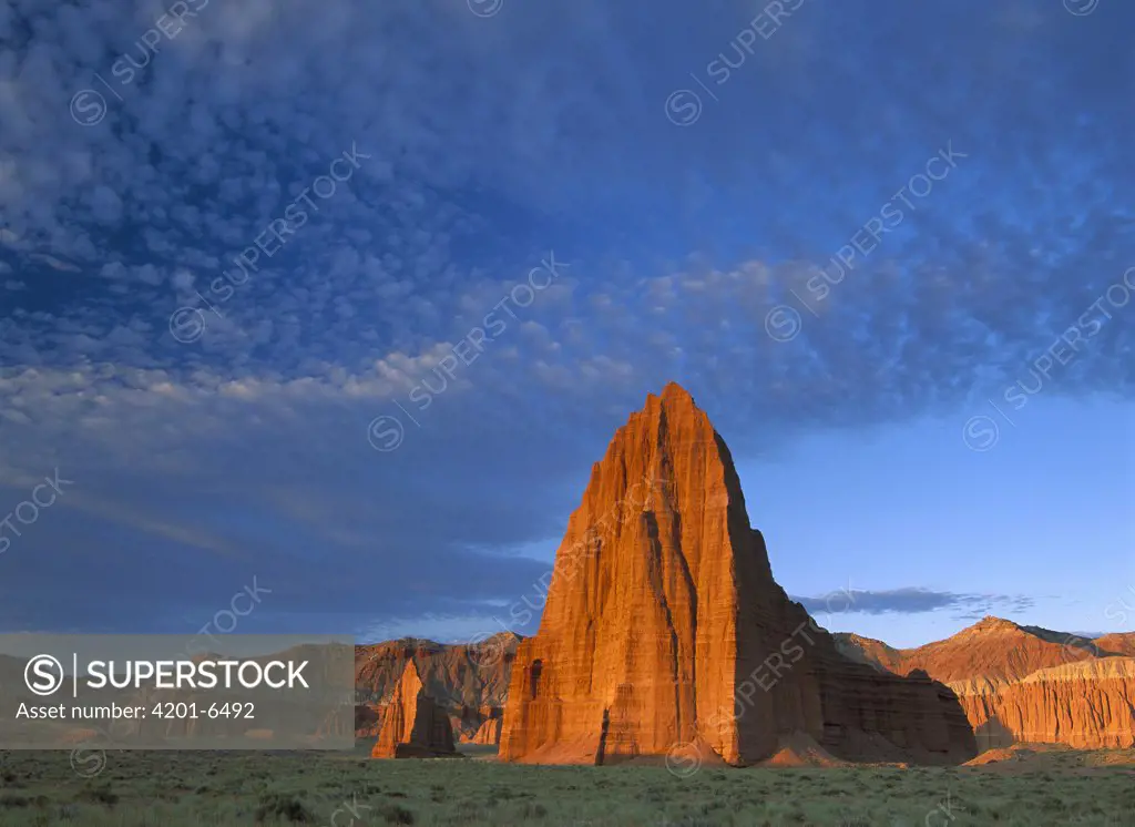 Temples of the Sun and Moon in Cathedral Valley, the monolith is made of entrada sandstone, Capitol Reef National Park, Utah