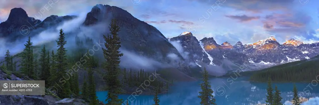 Panoramic view of Wenkchemna Peaks and Moraine Lake, Valley of Ten Peaks, Banff National Park, Alberta, Canada