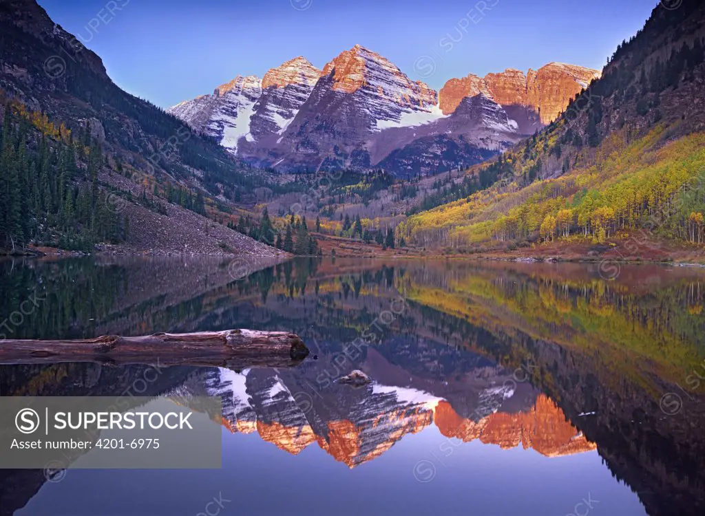 Maroon Bells reflected in Maroon Bells Lake, Snowmass Wilderness, White River National Forest, Colorado