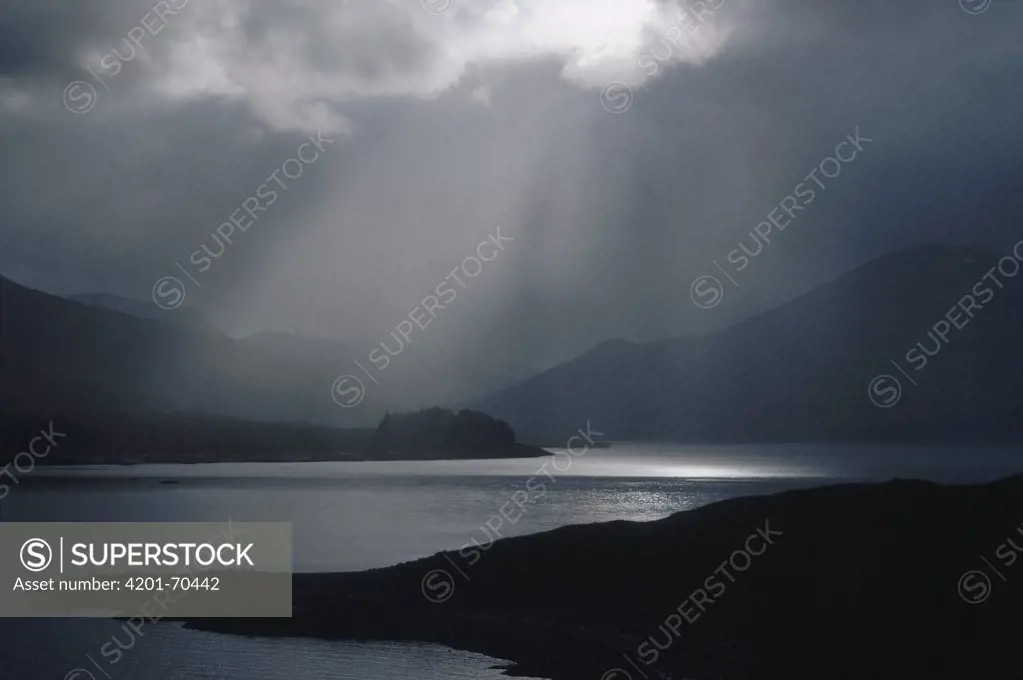 Sunburst after storm over Loch Ness, Scotland