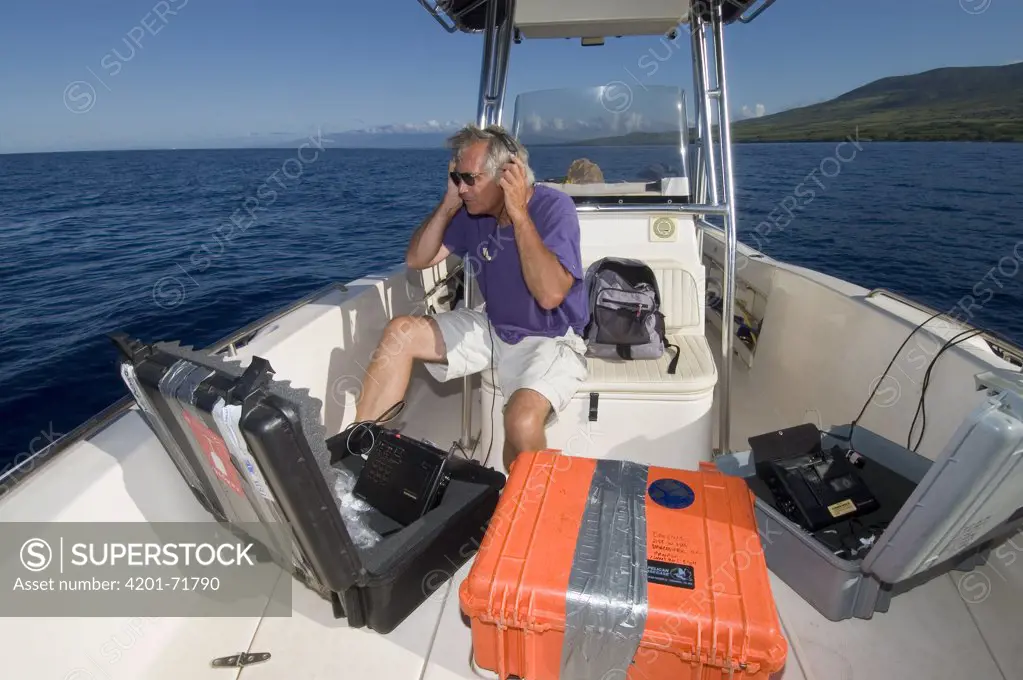 Marine biologist Dr. Jim Darling listening to and recording Humpback Whale (Megaptera novaeangliae) songs, Humpback Whale National Marine Sanctuary, Maui, Hawaii