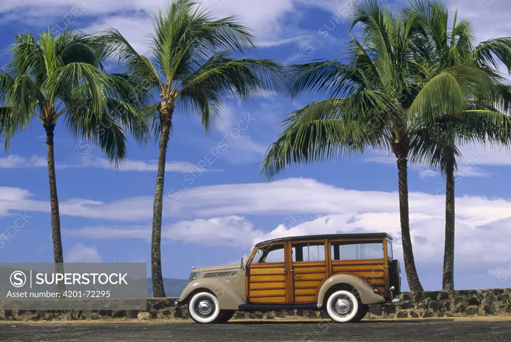 Right hand drive 1937 Ford Woodie, owned by Michael and Ilona Hemperly, Haleiwa, Oahu, Hawaii
