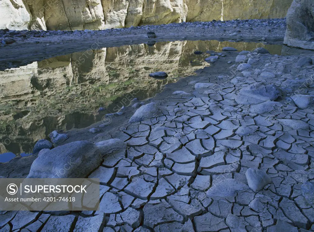Cliffs reflected in drying waterhole, Sierra del Carmen region, Coahuila state, Mexico