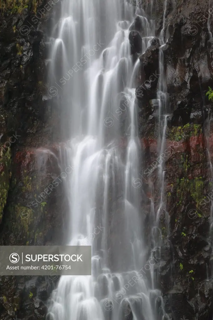 Risco Waterfall flowing over basalt, Rabacal, Madeira