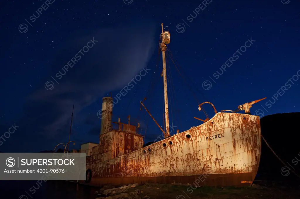 Abandoned whaling vessel at night, Grytviken, South Georgia Island