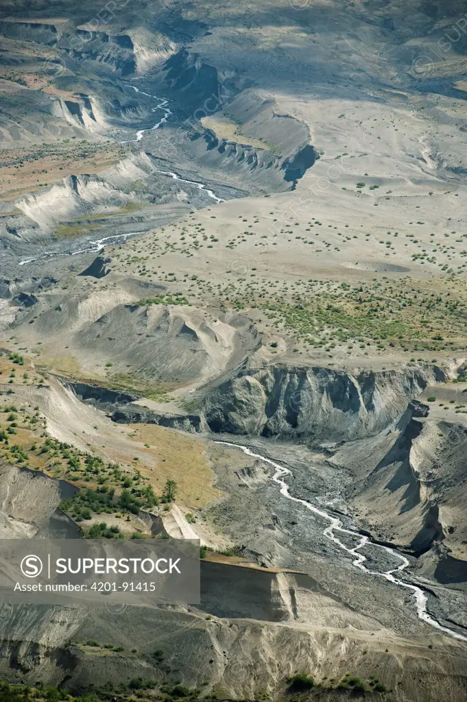 Erosion through ash deposits from eruption, Mount St Helens Volcanic National Monument, Washington