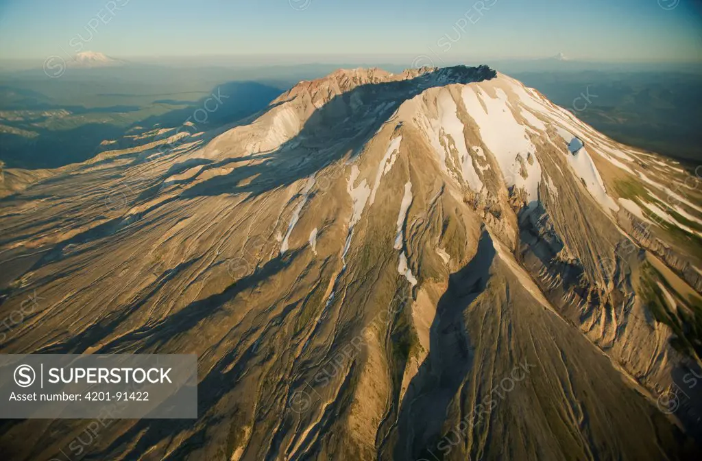 Aerial view of Mount St Helens crater with Mt Adams and Hood behind, Mount St Helens National Volcanic Monument, Washington