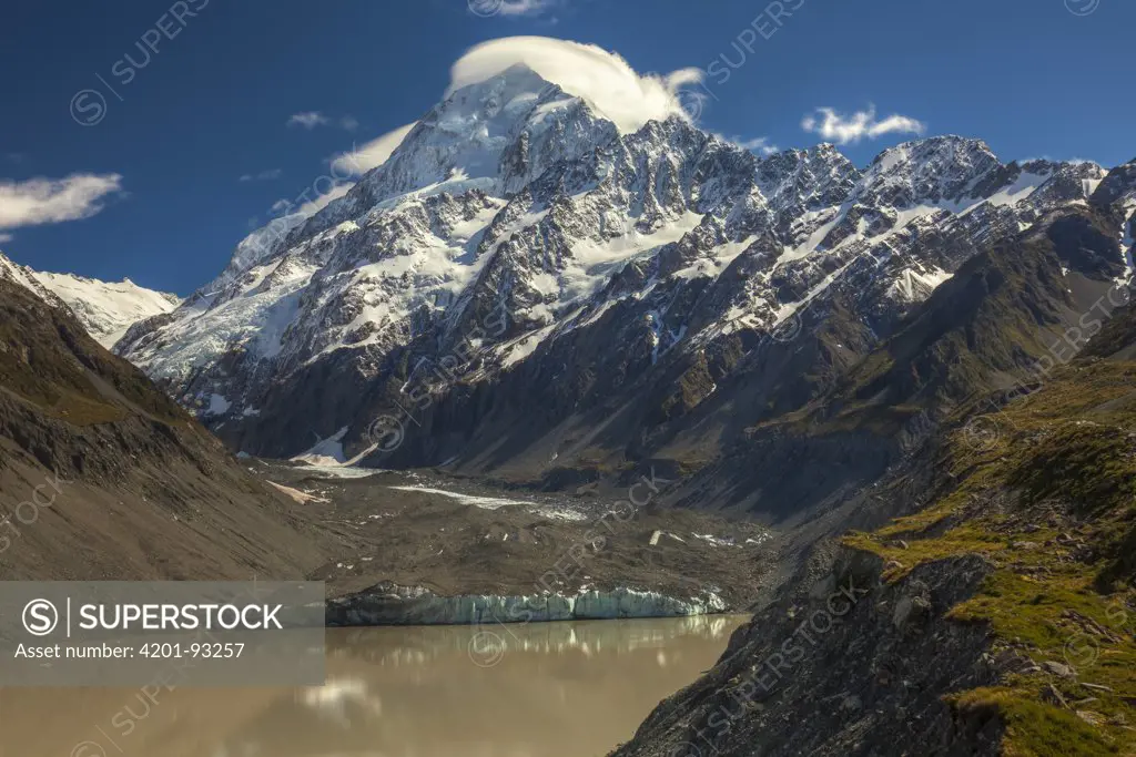 South face of Mount Cook above Hooker Valley with glacial lake, Mount Cook National Park, Canterbury, New Zealand