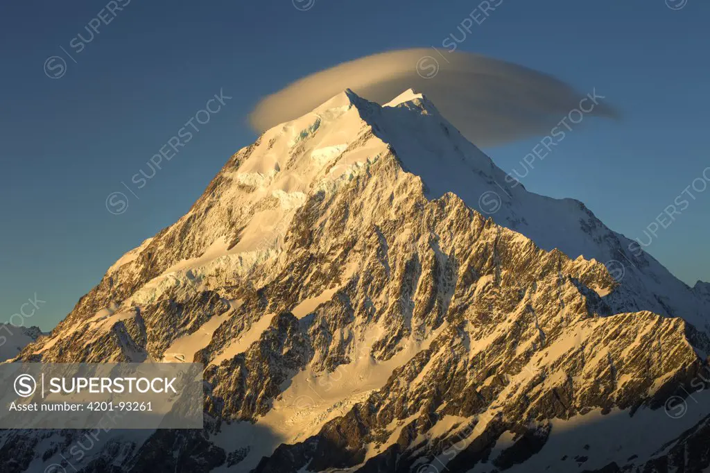 Coulds over Mount Cook at sunset, seen from Mount Kinsey, Mount Cook National Park, Canterbury, New Zealand