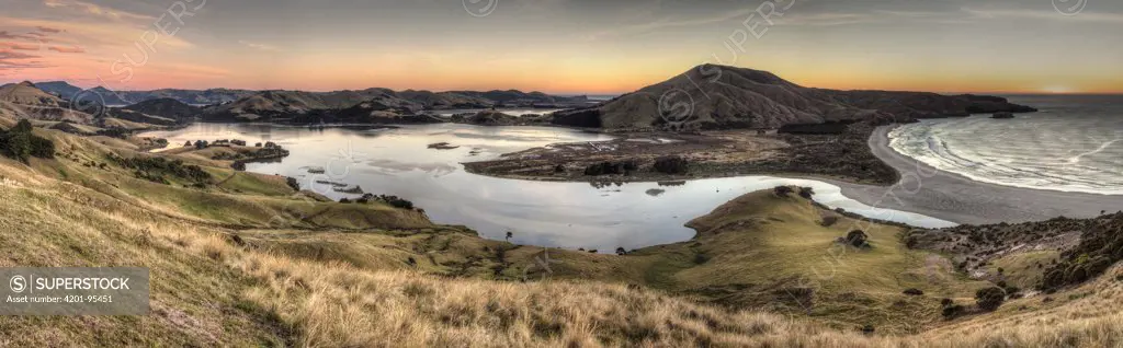 Hooper's Inlet and Cape Saunders at dawn seen from Sandymount, Otago Peninsula, New Zealand