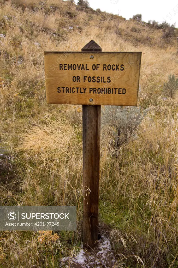 Sign forbidding removal of rocks or fossils, Blue Basin, John Day Fossil Beds National Monument, Oregon