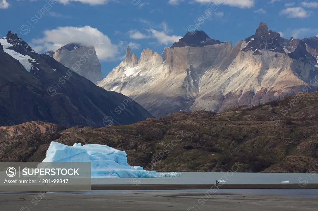 Cuerno Principal above Grey Lake and iceberg, Torres del Paine National Park, Chile