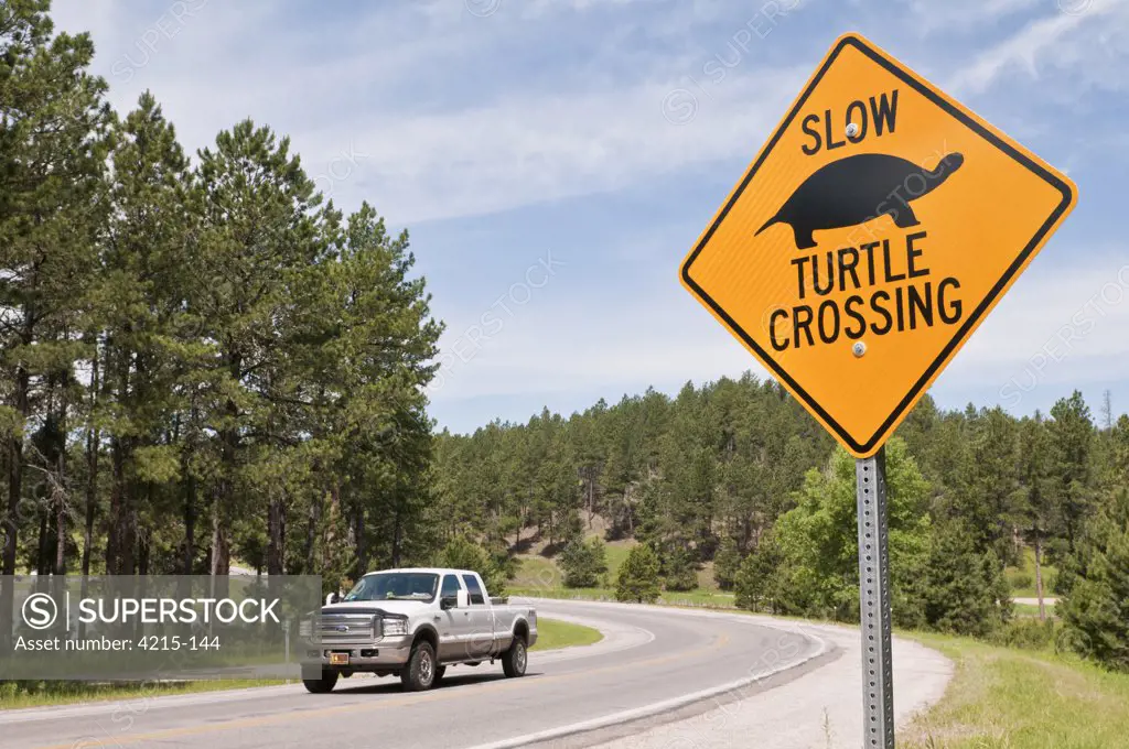 Turtle Crossing sign at roadside, Stockade Lake, Custer State Park, South Dakota, USA