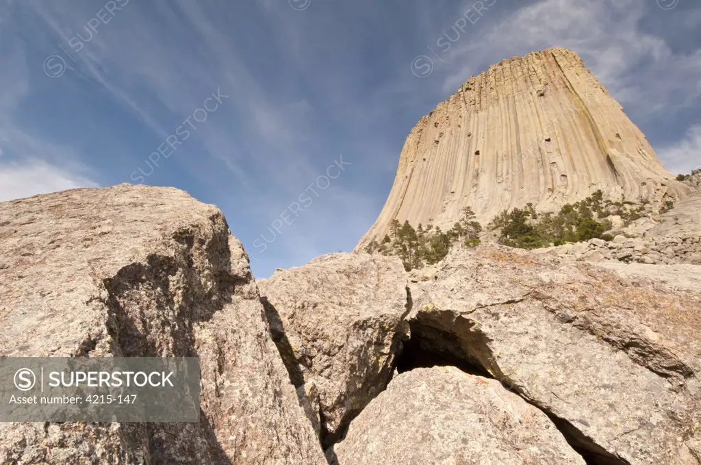 Low angle view of rock formations, Devils Tower National Monument, Wyoming, USA