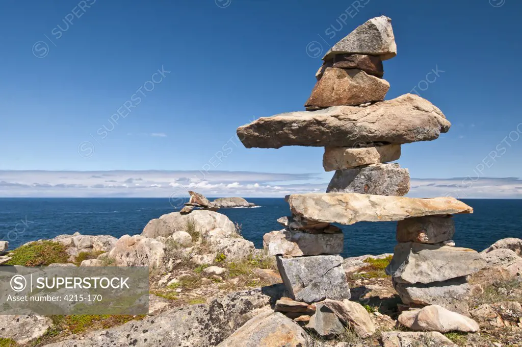 Inukshuk at a coast, Cape Bonavista, Bonavista Peninsula, Newfoundland, Newfoundland And Labrador, Canada