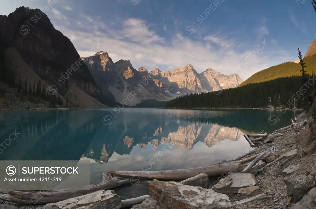 Valley of the Ten Peaks reflected in Moraine Lake at sunrise, Banff National Park, Alberta, Canada