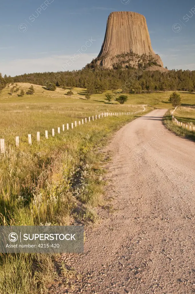 Dirt road leading towards the butte, Devils Tower National Monument, Wyoming, USA