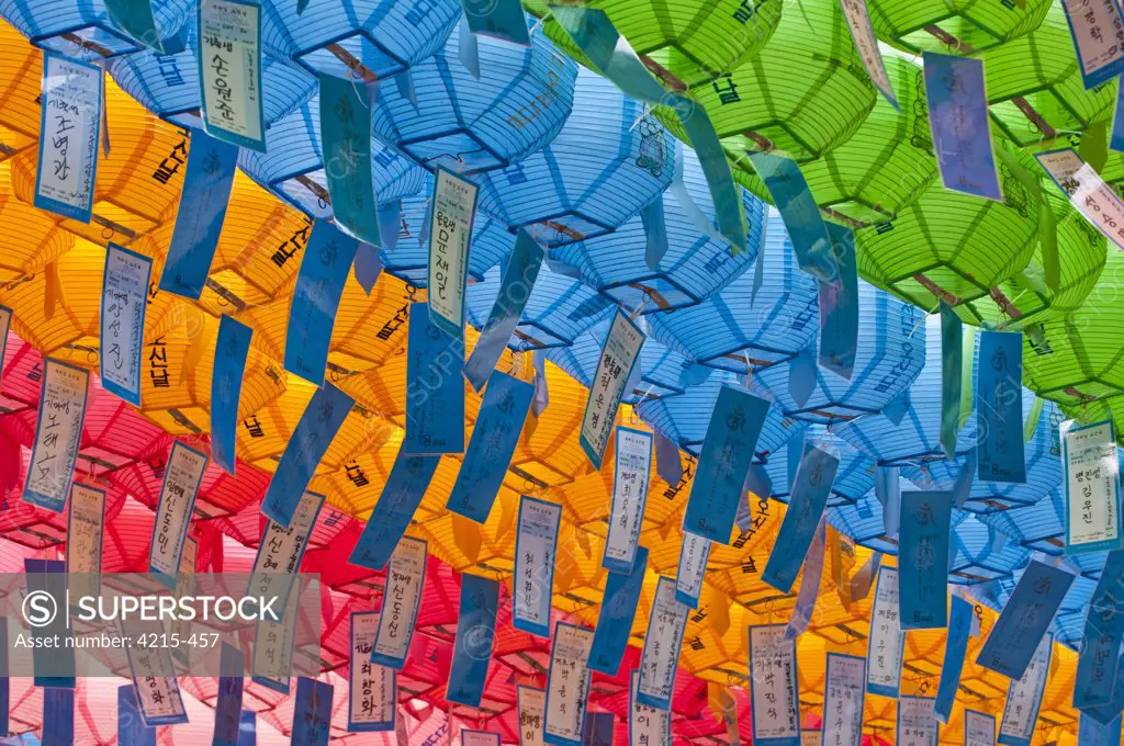 Colorful lanterns at a Buddhist temple, Jogyesa Temple, Seoul, South Korea