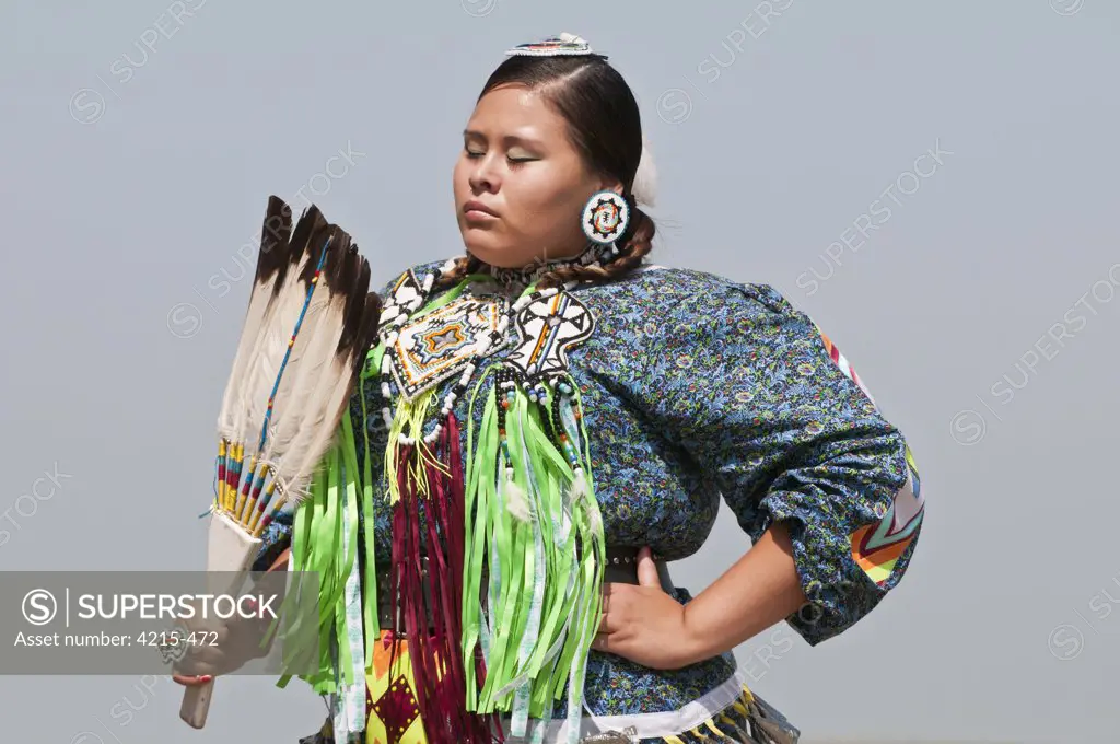 Female dancer in traditional regalia, Blackfoot Crossing Historical Park, Alberta, Canada