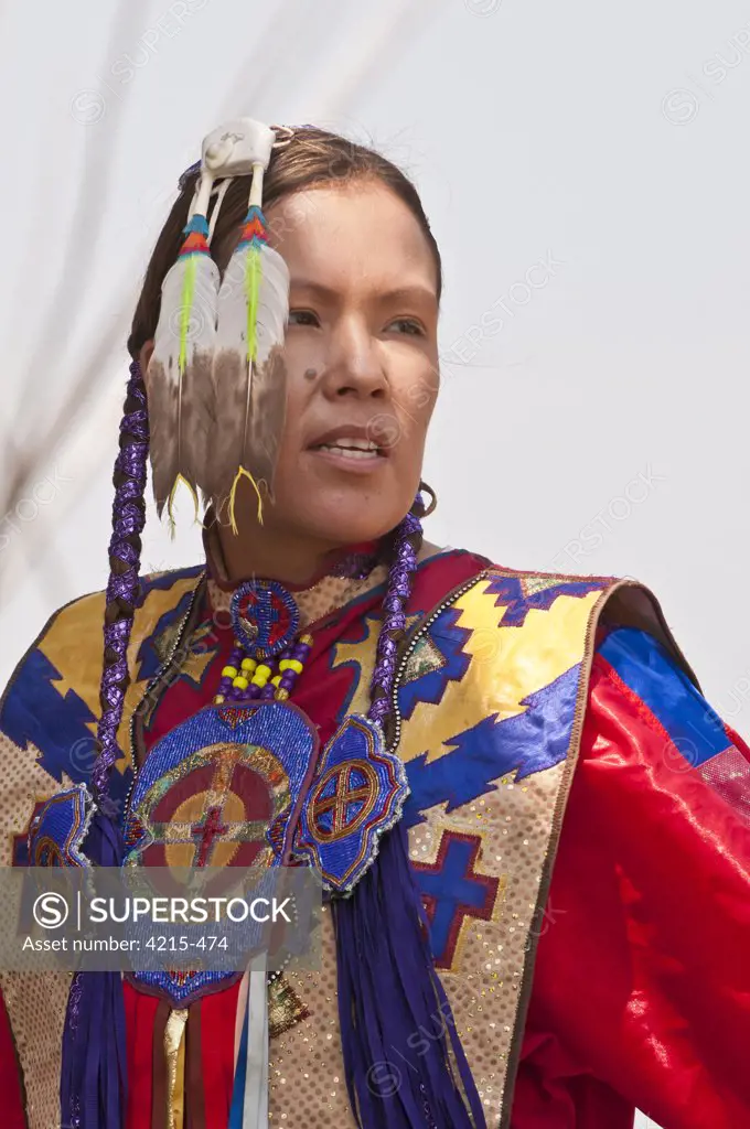 Female dancer in traditional regalia, Blackfoot Crossing Historical Park, Alberta, Canada