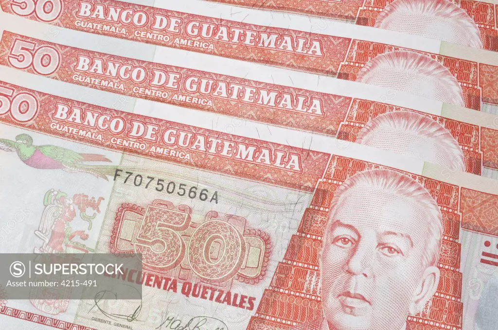 Close-up of 50 Guatemalan quetzals bank notes