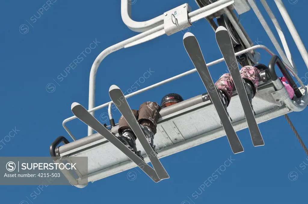 Low angle view of skiers on a ski lift, Canada Olympic Park, Calgary, Alberta, Canada