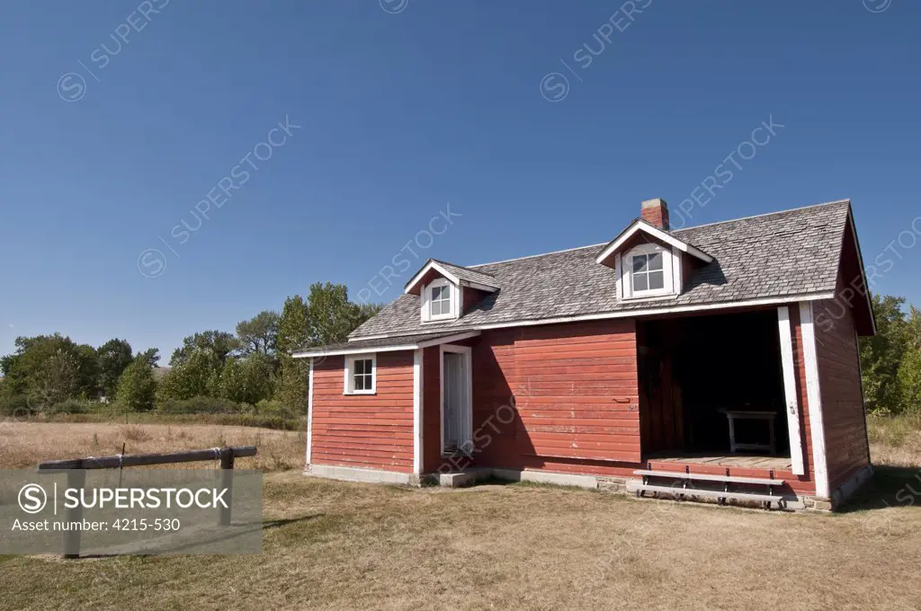 Red cottage in a ranch, Bar U Ranch National Historic Site, Longview, Alberta, Canada