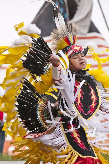 Boy's fancy dance, Powwow for 133rd anniversary of signing of Treaty 7, Blackfoot Treaty between the Crown and Blackfoot Confederacy, Blackfoot Crossing, Alberta, Canada