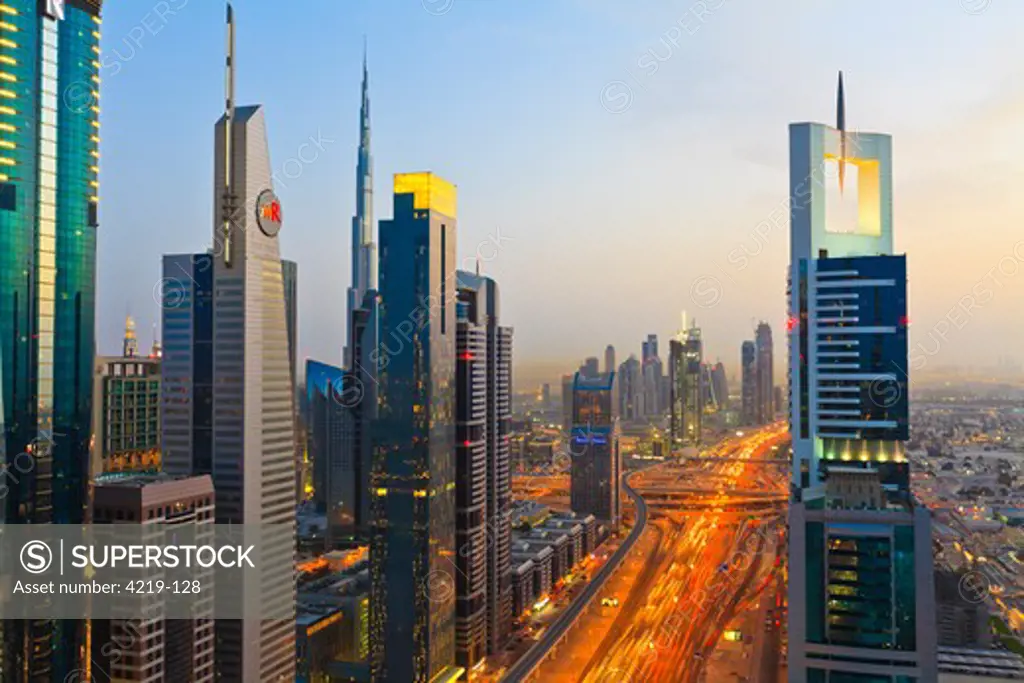 High angle view of a city at dusk, Sheikh Zayed Road, Dubai, United Arab Emirates