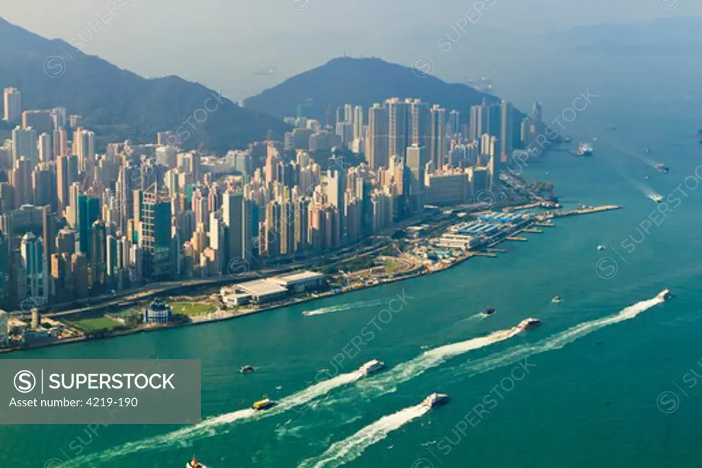 China, Hong Kong, High view of Hong Kong Island skyline and Victoria harbour