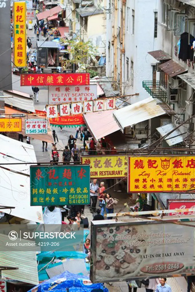 High angle view of a narrow street, Hong Kong, China
