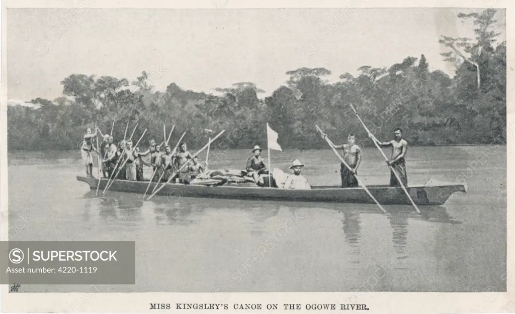 Mary Kingsley on the Ogowe  River, Gabon, during her  travels there between 1862 and  1900.