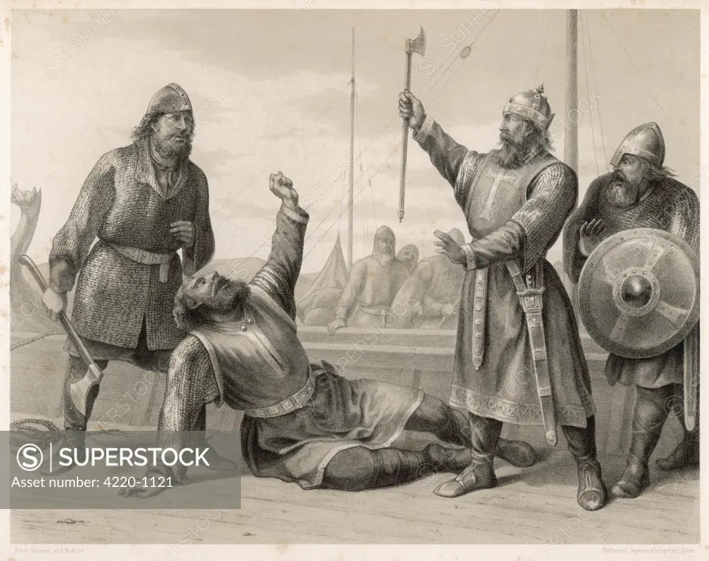 King Olaf defeats Erling  Skjalgasson in sea battle.  Olaf pardons him, but Aslak,  one of the kings men slays him  thus destroying trust in Olaf.