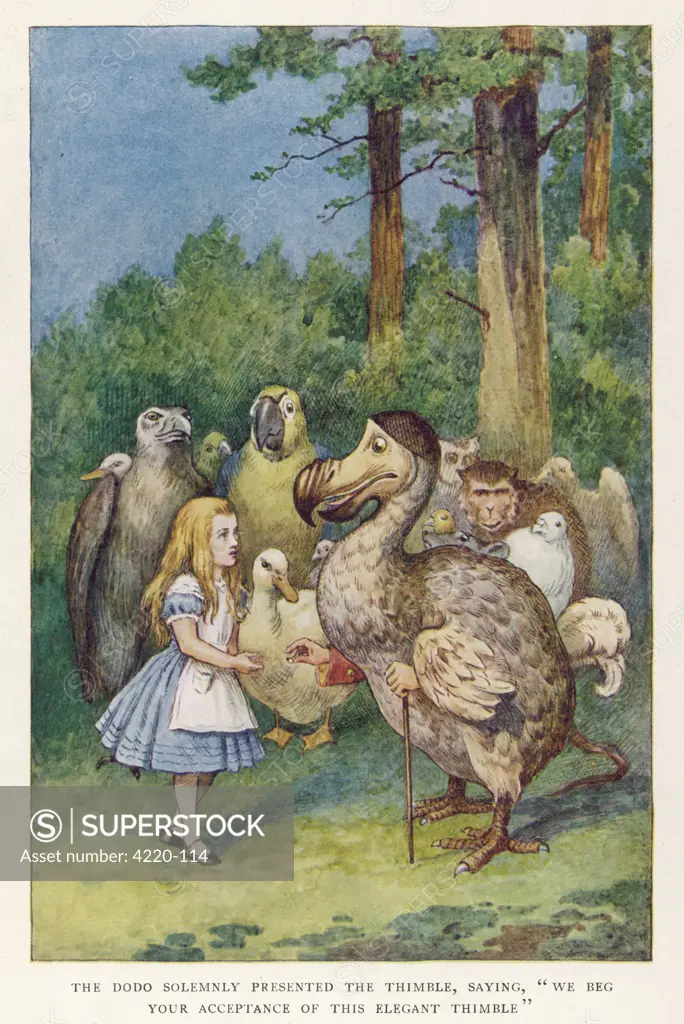 Alice and the Dodo -- the Dodo solemnly presented the thimble saying, &quot;We beg  your acceptance of this elegant thimble&quot;.       Date: First published: 1865