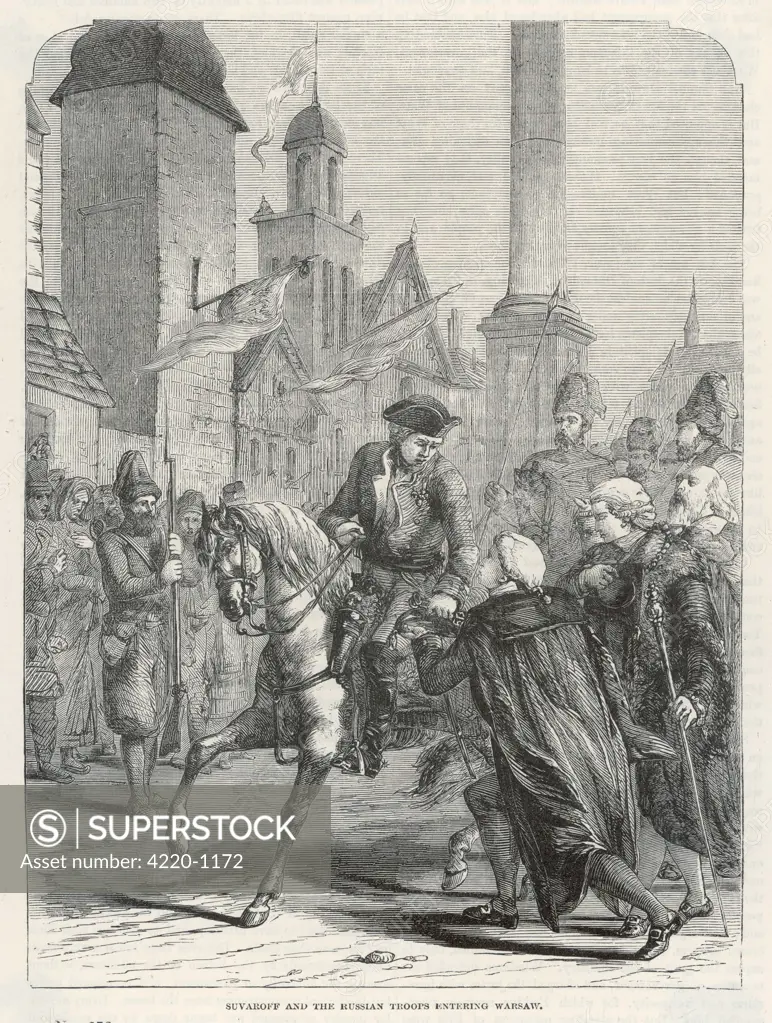 Suvorov enters Warsaw in  command of the Russian troops  who have taken the city after  the insurrection proclaimed by  Kosciuszko was defeated at  Maciejowice