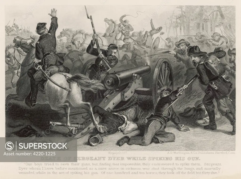 Retreating from the  Confederates, Federal troops  are killed as they try to  spike their guns.