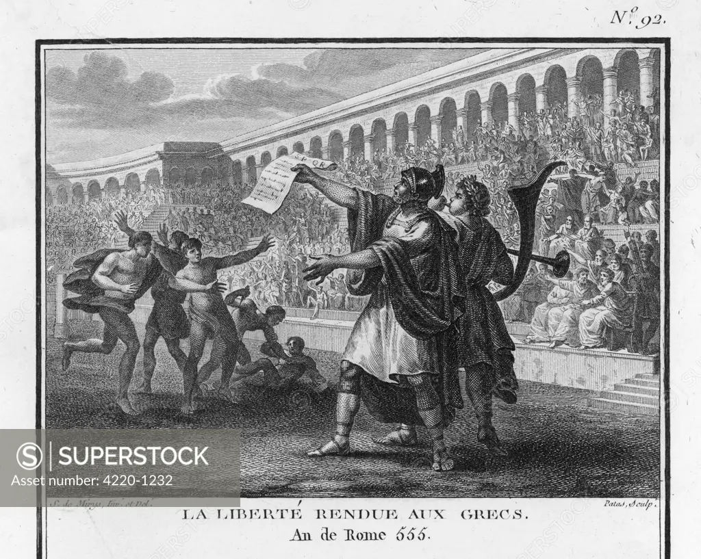At the Isthmian Games, Roman  general Flaminius announces  Greek independence.