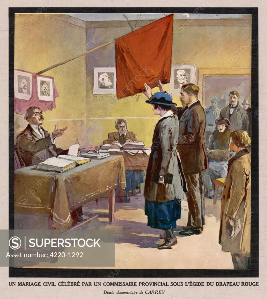 A civil marriage, conducted by  a provincial commissar. The  happy couple hold the Red Flag  as they take their oaths.