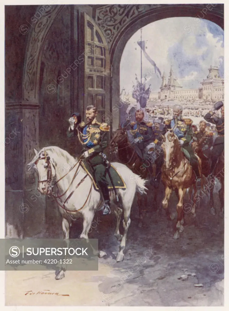 NICOLAS II OF RUSSIA  Russian Tsar riding out of the  Kremlin via the Spassky Gate