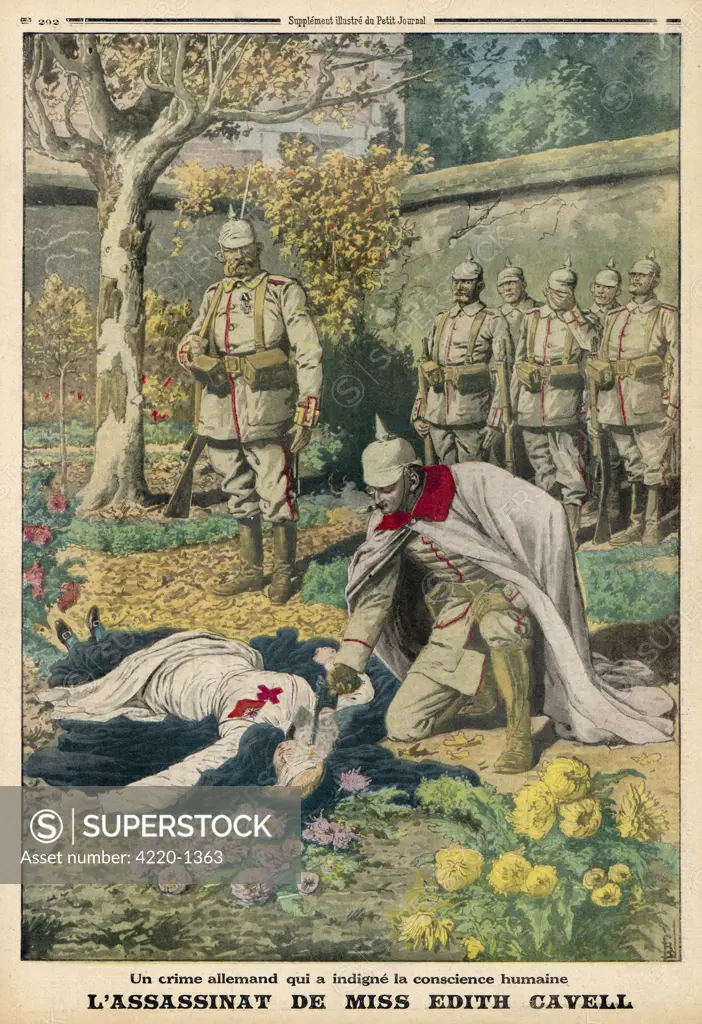 Nurse Edith Cavell is executed  by the Germans for helping  Allied troops cut off by the  German advance escape from  Belgium.