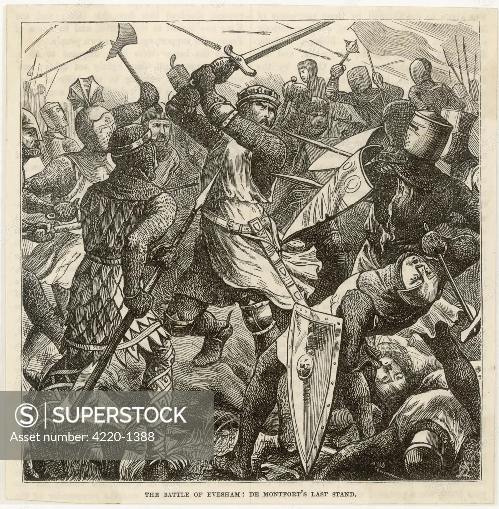 The barons' defeat at the  battle of Evesham, in which  Simon de Montfort is killed,  brings to an end the Barons'  War and leads to the  restoration of Henry III