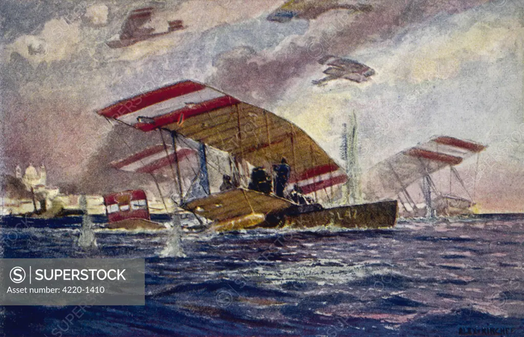 An Austrian Hansa-Brandenburg  seaplane is forced down while  attacking the Italian port of  Ancona, but her crew behave  with characteristically heroic  courage.