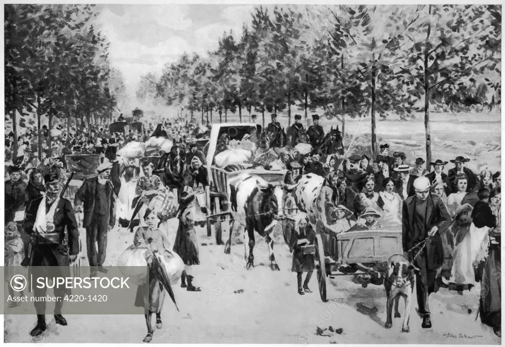 One quarter of a million  Belgian refugees pour into  neutral Holland in the face of  the German invasion ; others  flood southwards into France,  some escape to England.