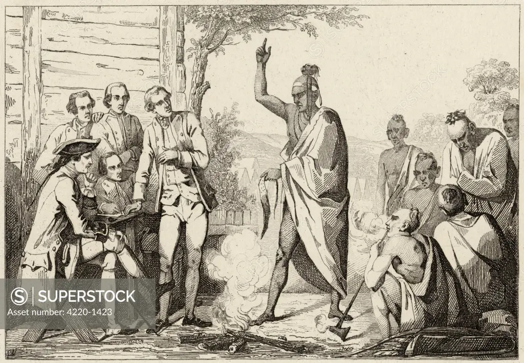 A conference between the  French and Indian leaders  around a ceremonial fire.
