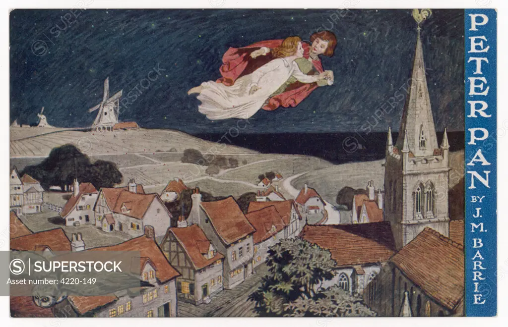 Peter Pan and Wendy fly over  the rooftops in a poster to  advertise the stage show.        Date: First published: 1904