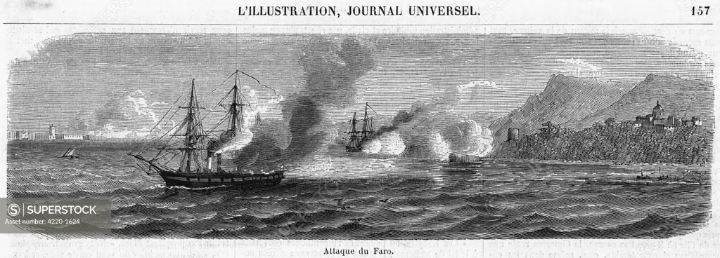 The town of Faro is bombarded  from the sea.